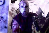 Photo of a man covered in blood wearing a ski mask and wielding a chainsaw